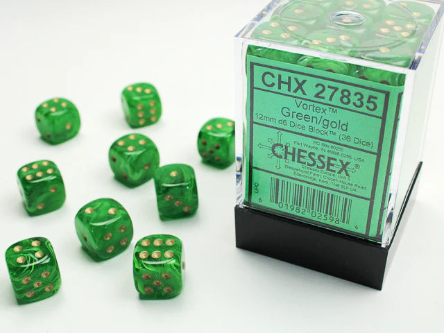Chessex Dice: Vortex Green/Gold 36D6