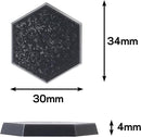 Hexagonal black textured tile shown with dimension annotations: 30mm width, 34mm height, and 4mm thickness
