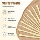 A set of cream-colored plastic sculpting tools arranged on a beige clay-like surface against a warm off-white background. Text on the left reads 'Sturdy Plastic' and 'Designed for Artists' with four feature icons: high-quality plastic, multi-purpose shapes and sizes, smooth gentle surface, and effortless to clean and reuse.