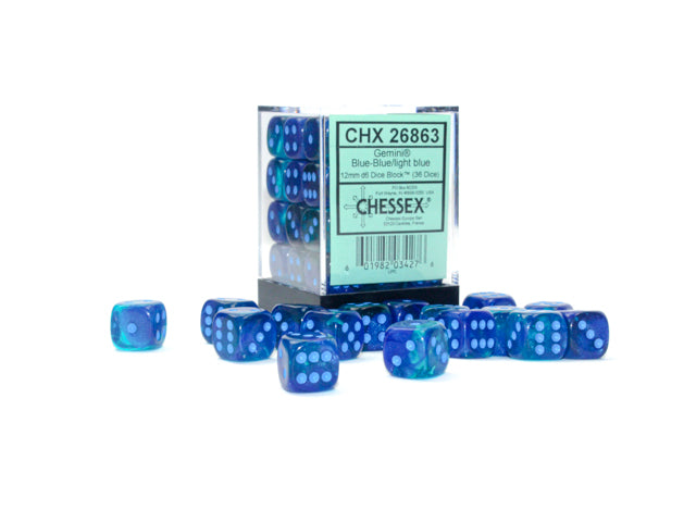 Chessex Dice: Gemini Blue-Blue/Light Blue Luminary 36D6