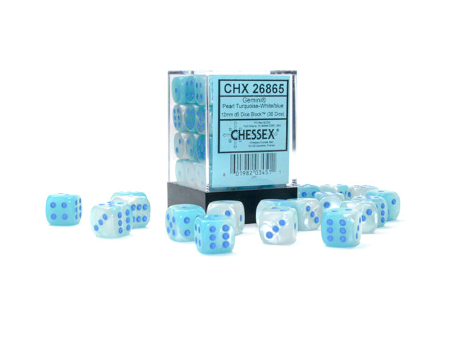 Chessex Dice: Gemini Pearl Turquoise-White/Blue Luminary 36D6