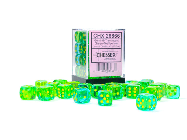 Chessex Dice: Gemini - Translucent Green-Teal / Yellow 36D6