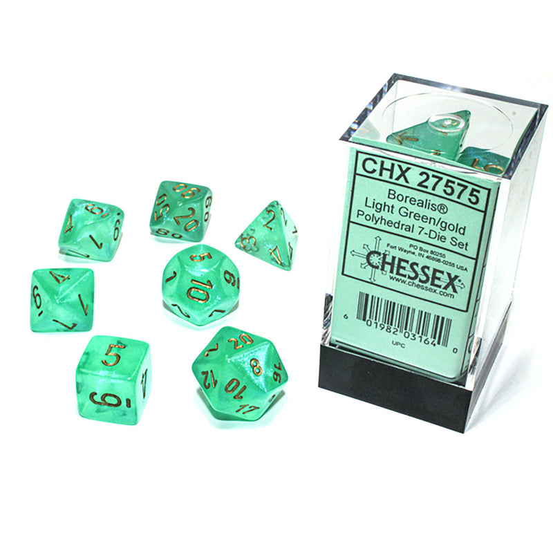 Chessex Dice: Borealis Light Green/Gold Polyhedral 7-die Set