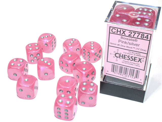 Chessex Dice: Borealis Pink/Silver 12D6 Luminary