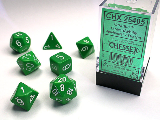 Chessex Dice: Opaque Green/White Polyhedral 7-die Set