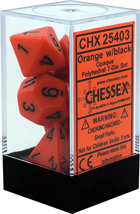 Chessex Dice: Opaque Orange/Black Polyhedral 7-die Set