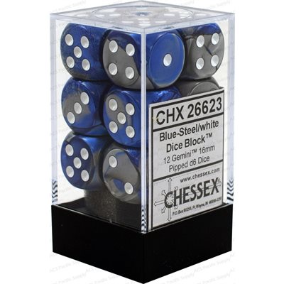 Chessex Dice: Gemini Blue-Steel/White 12D6