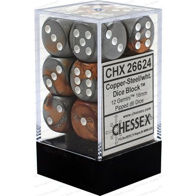 Chessex Dice: Gemini Copper-Steel/White 12D6