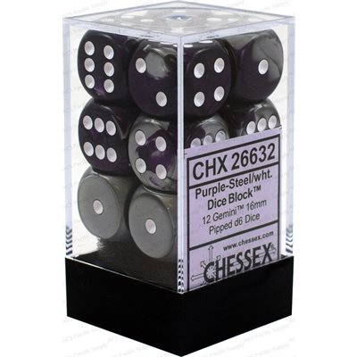 Chessex Dice: Gemini Purple-Steel/White 12D6