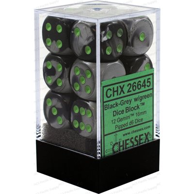 Chessex Dice: Gemini Black-Grey/Green 12D6