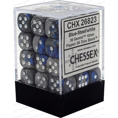 Chessex Dice: Gemini Blue-Steel/White 36D6