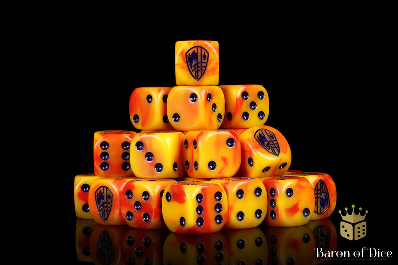 Conquest: Hundred Kingdoms Faction Dice on Firey swirl Dice