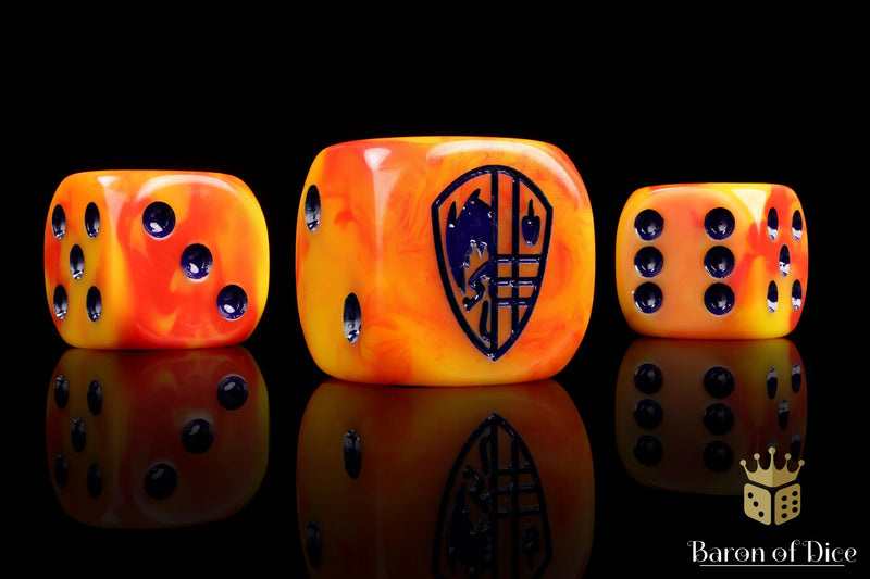Conquest: Hundred Kingdoms Faction Dice on Firey swirl Dice