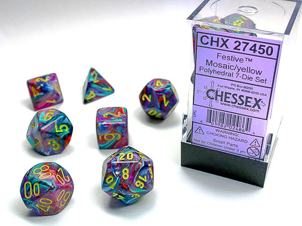 Chessex Dice: Festive Mosaic/Yellow Polyhedral 7-die Set