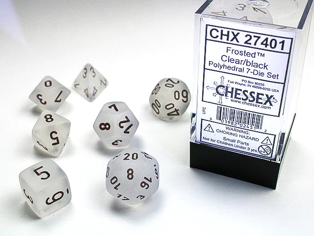 Chessex Dice: Frosted Clear/Black Polyhedral 7-die Set