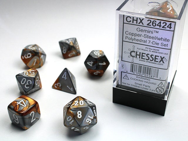 Chessex Dice: Gemini Copper-Steel/White Polyhedral 7-die Set