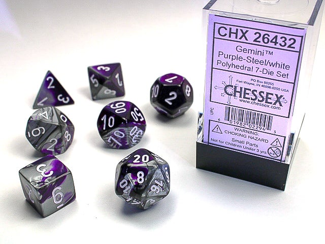 Chessex Dice: Gemini Purple-Steel/White Polyhedral 7-die Set