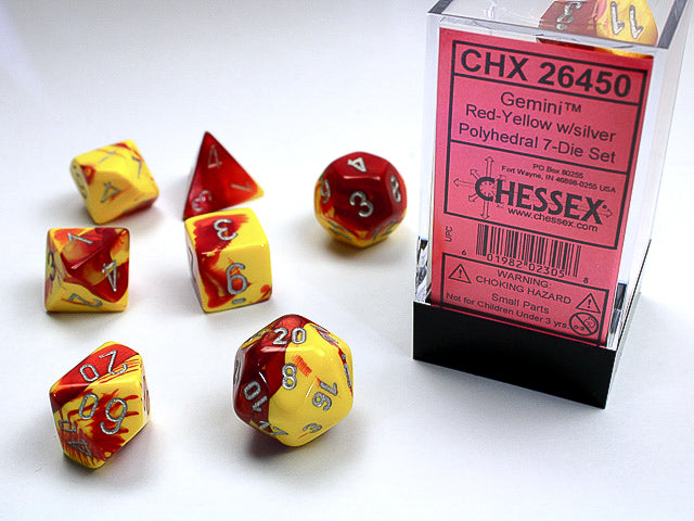 Chessex Dice: Gemini Red-Yellow/Silver Polyhedral 7-die Set