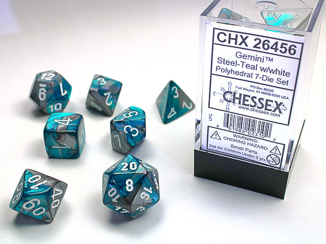 Chessex Dice: Gemini Steel-Teal/White Polyhedral 7-die Set