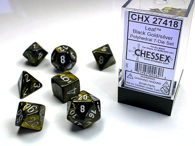 Chessex Dice: Leaf Black Gold/Silver Polyhedral 7-die Set