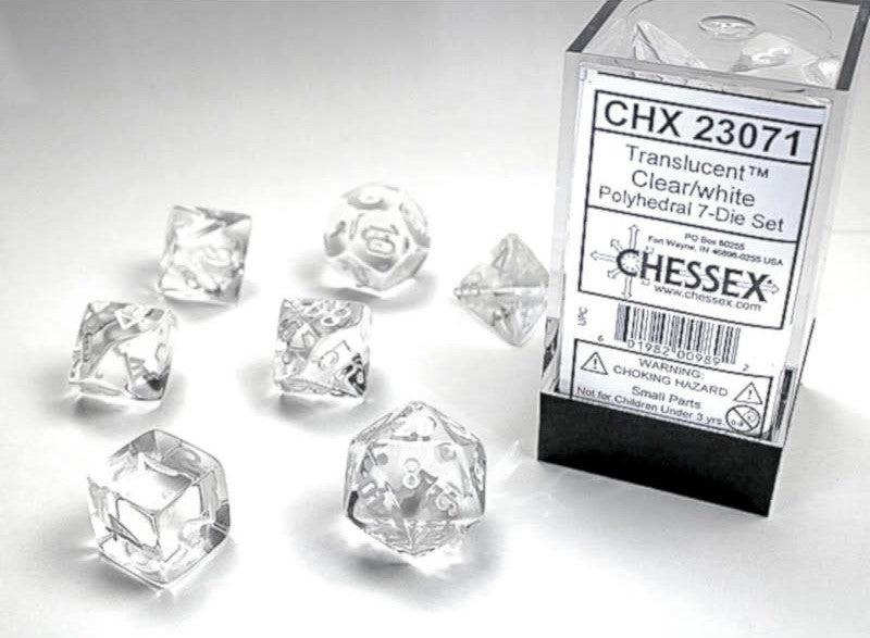 Chessex Dice: Translucent Clear/White Polyhedral 7-die Set