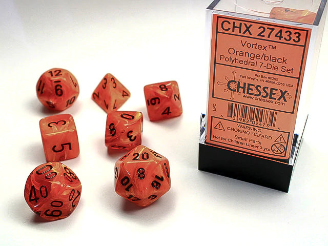 Chessex Dice: Vortex Orange/Black Polyhedral 7-die Set