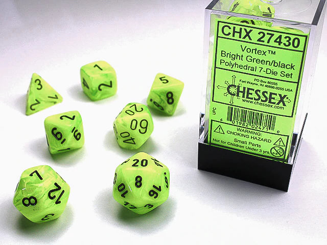 Chessex Dice: Vortex Bright Green/Black Polyhedral 7-die Set