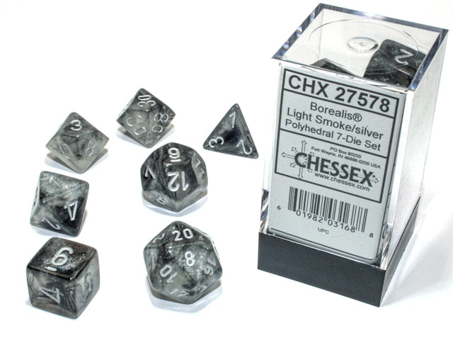 Chessex Dice: Borealis Light Smoke/Silver Polyhedral 7-die Set