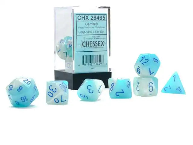 Chessex Dice: Gemini Pearl Turquoise-White/Blue Polyhedral 7-die Set