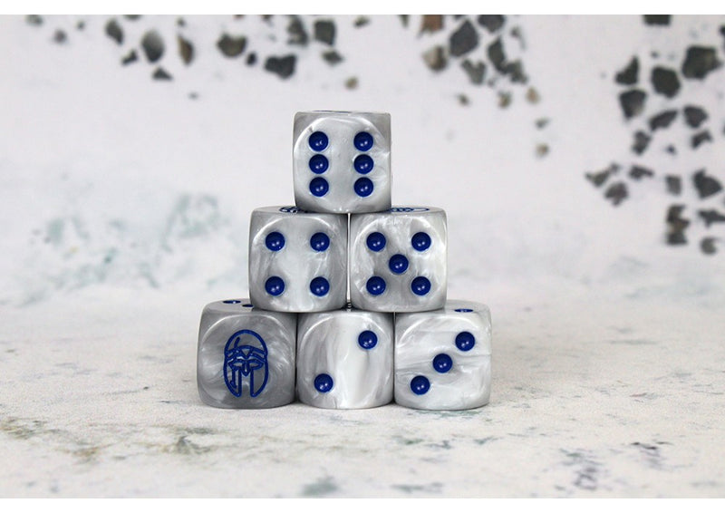 Conquest: City States Faction Dice on Gray swirl Dice