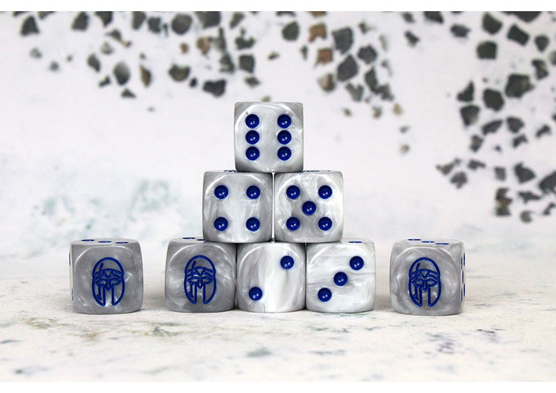Conquest: City States Faction Dice on Gray swirl Dice