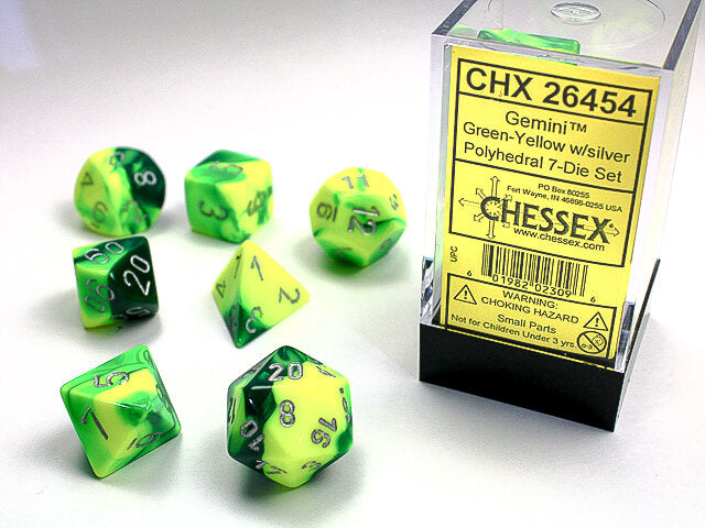 Chessex Dice: Gemini Green-Yellow/Silver Polyhedral 7-die Set