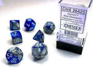 Chessex Dice: Gemini Blue-Steel/White Polyhedral 7-die Set