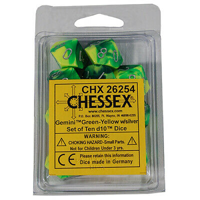 Chessex Dice: Gemini Green-Yellow / Silver 10D10