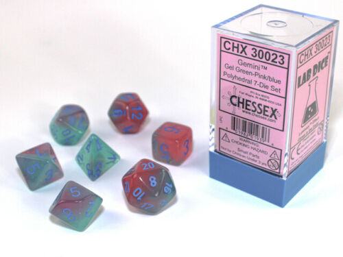 Chessex Dice: Gemini Gel Green-Pink/Blue Polyhedral 7-die Set