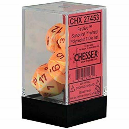 Chessex Dice: Festive Sunburst / Red Polyhedral 7-die Set